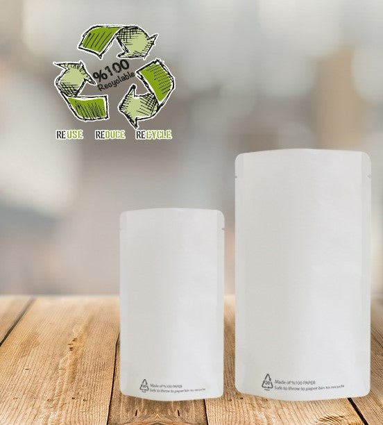 White Paper Biodegradable Stand Up Pouches, Available to thrown in Paper Bins